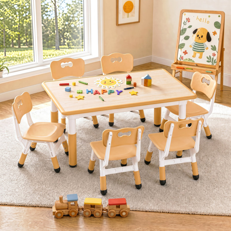 Ensemble de table pour enfants et 6 chaises, bureau de graffiti à hauteur réglable, table d'activités pour enfants d'âge préscolaire, pour les garçons et les filles de 3 à 12 ans (beige)