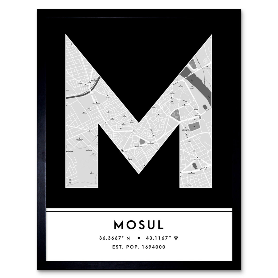 Mosul City Map Mosul Black & White by Wee Blue Coo - Single Picture Frame Typography