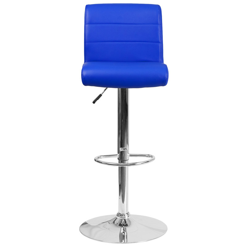 Nusbaum Vinyl Adjustable Height Barstool with Rolled Seat and Chrome Base, Blue