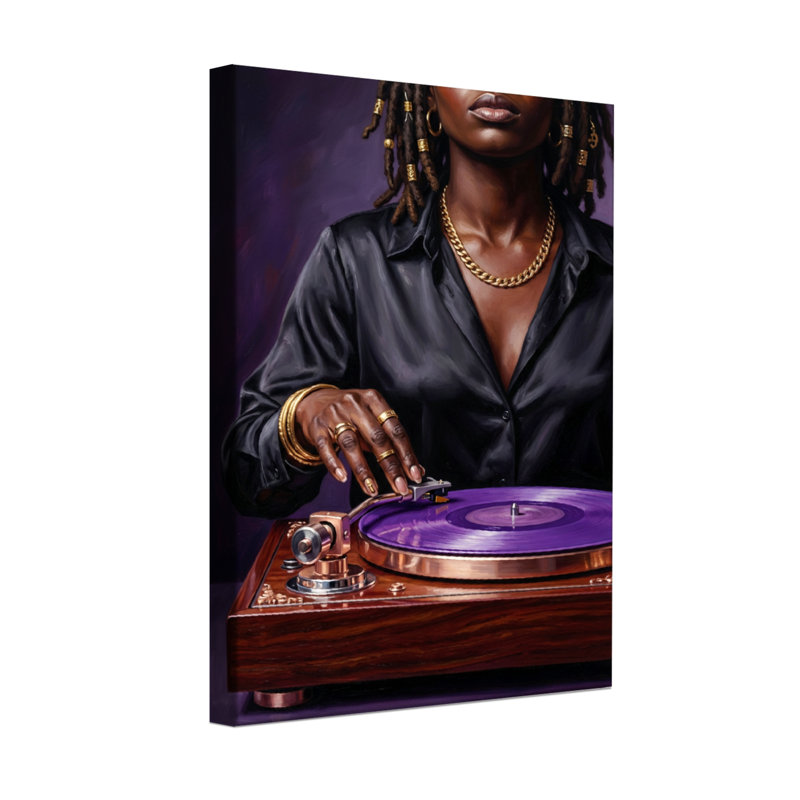 Femme abstraite avec tourne-disque vinyle mauve, H 30 po x l 20 po