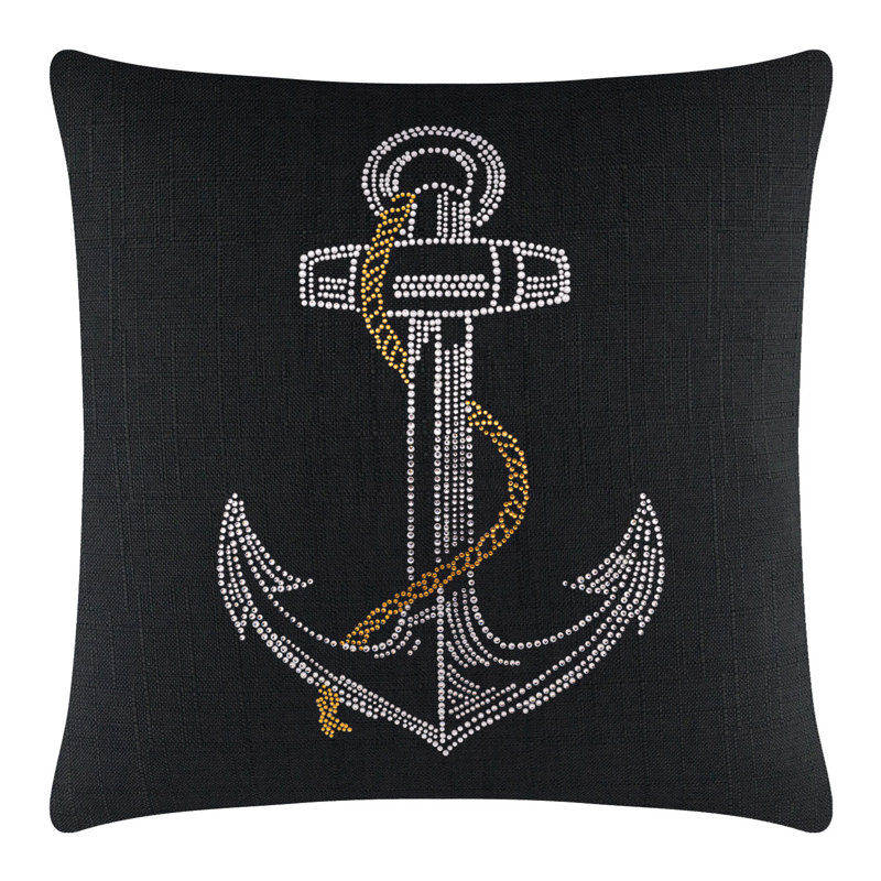 Coussin Sparkles Home Anchor | Motif nautique strass | Bourre en polyester | Lavable à la machine, 16 po x 5 po, Noir
