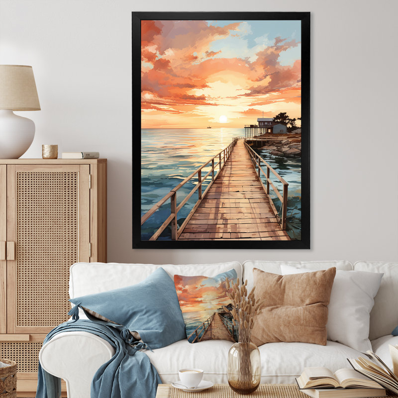 Miami Sunset Pier II, reproduction sur toile, H 20 po x l 12 po x P 1 po, Cadre photo noir