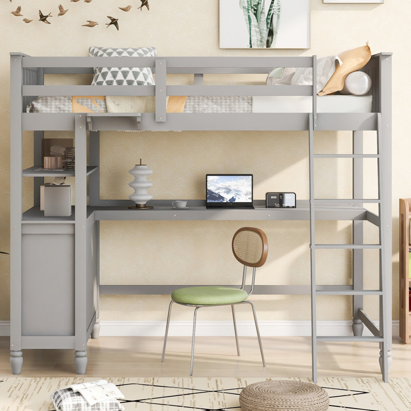 Lit mezzanine simple gris: lit pour meuble de chambre à coucher polyvalent avec tablettes et tiroirs: rangement efficace