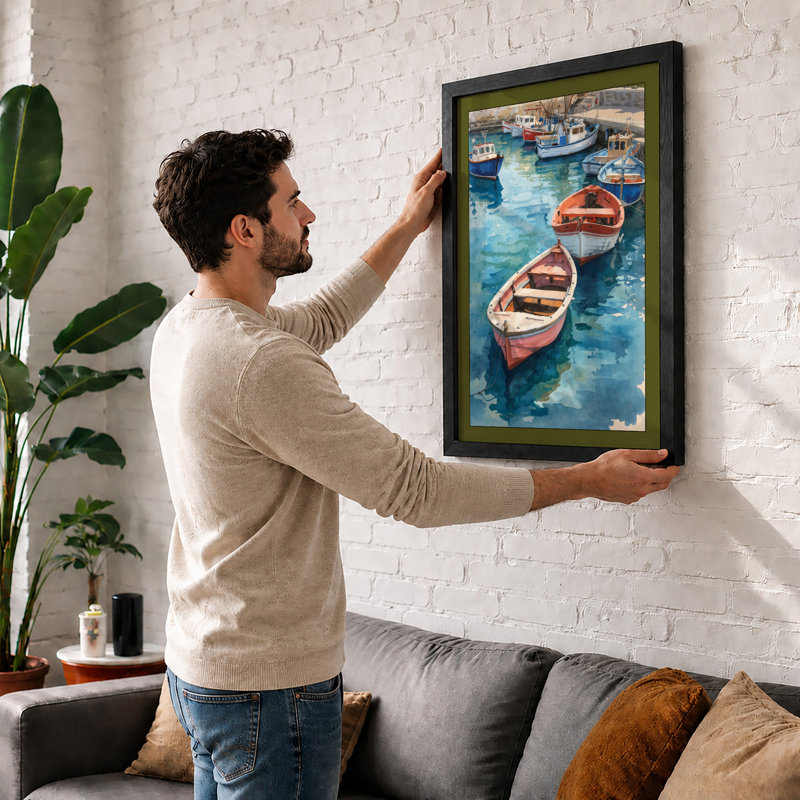 Mediterranean Harbor Coastal - Framed Print, A2 - 59.4 x 42.0 cm, White