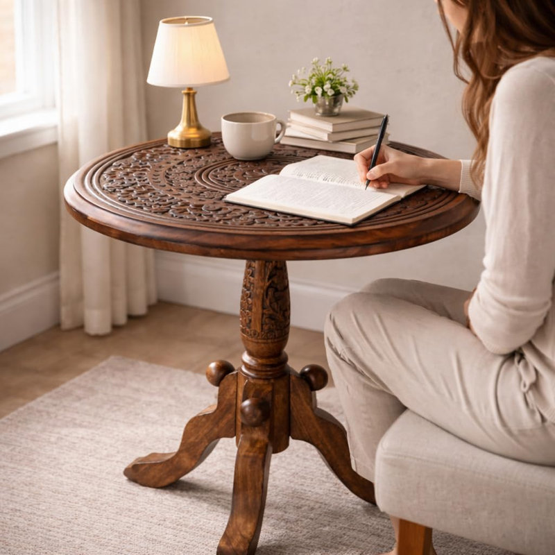 Handcrafted Round Solid Wood Accent Table