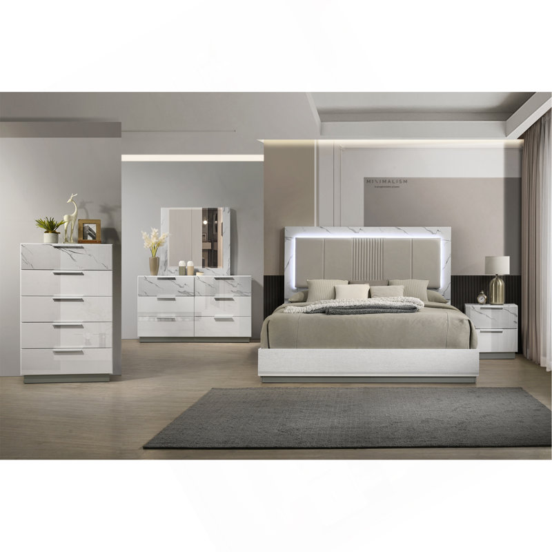 Commode Mist - finition bicolore très brillante en marbre et laque avec cinq tiroirs à glissement lisse, tiroir supérieur doublé de velours