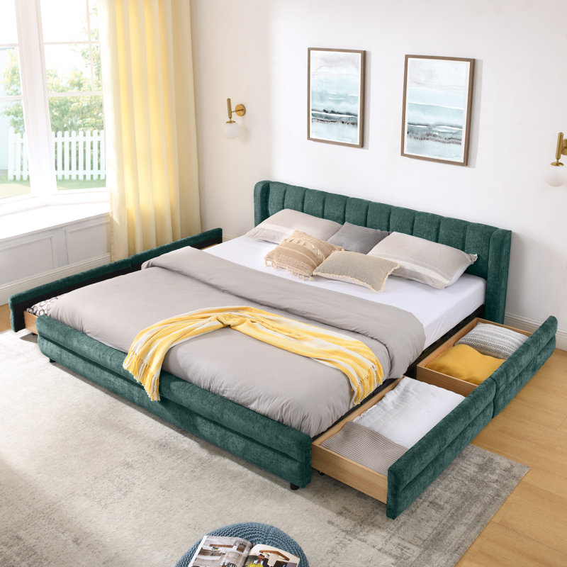 Structure de lit tapissier Linden avec tissu en chenille et rangement sous le lit, Vert