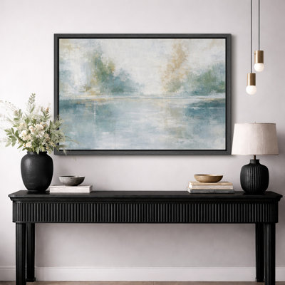 Abstract Soft Blue Green Lake Reflection Artwork, Serene Living Room Pictures, Framed Canvas Giclee Print Wall Art