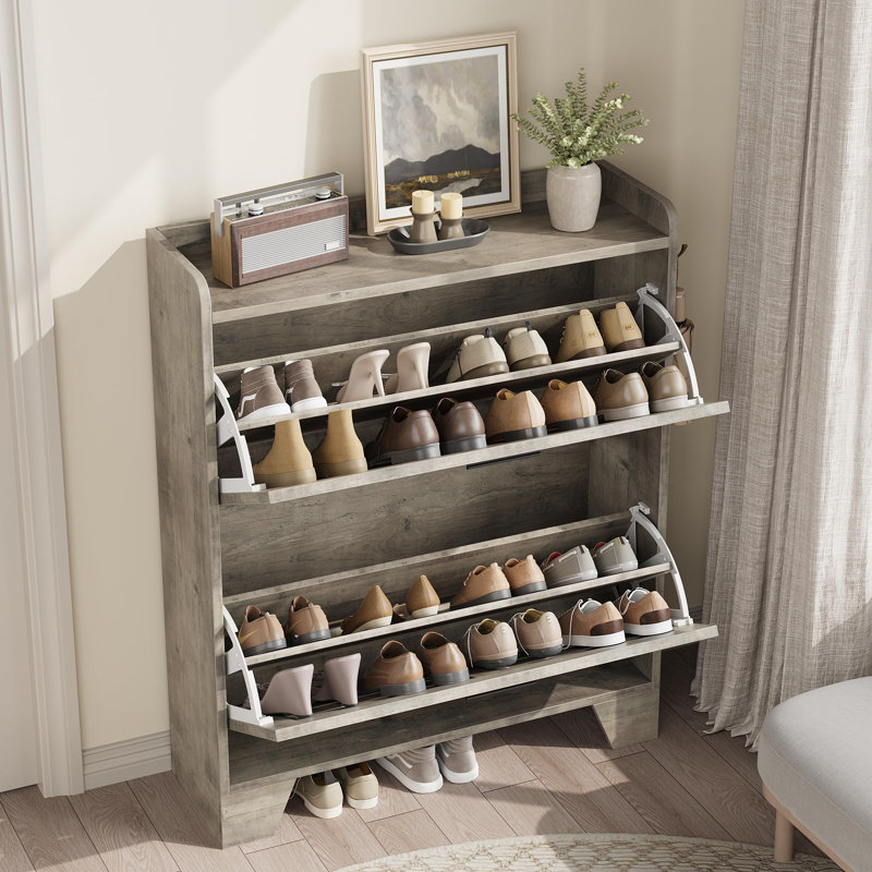 Armoire à chaussures étroite avec 2 tiroirs rabattables et crochets, organisateur de rangement dissimulé pour vestibule ou couloir