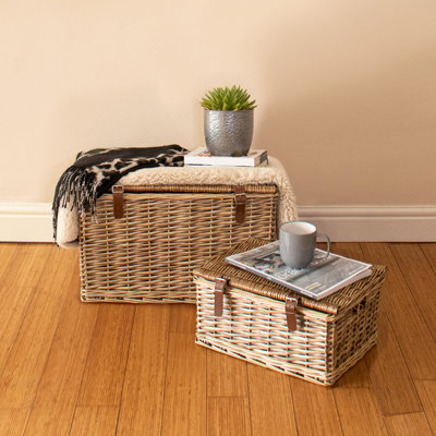 Buff Wicker Hampers with Faux Leather Straps
