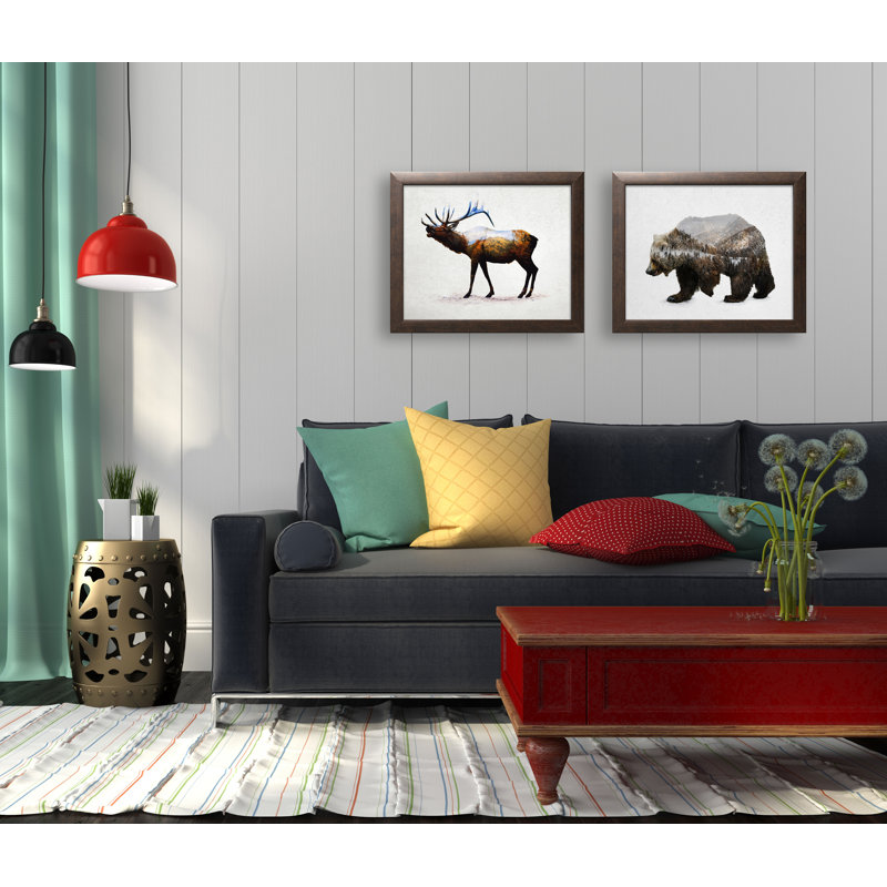 «Rustic Double Exposure Buck and Bear Landscape», ensemble de 2 impressions encadrées, Papier avec cadre brun
