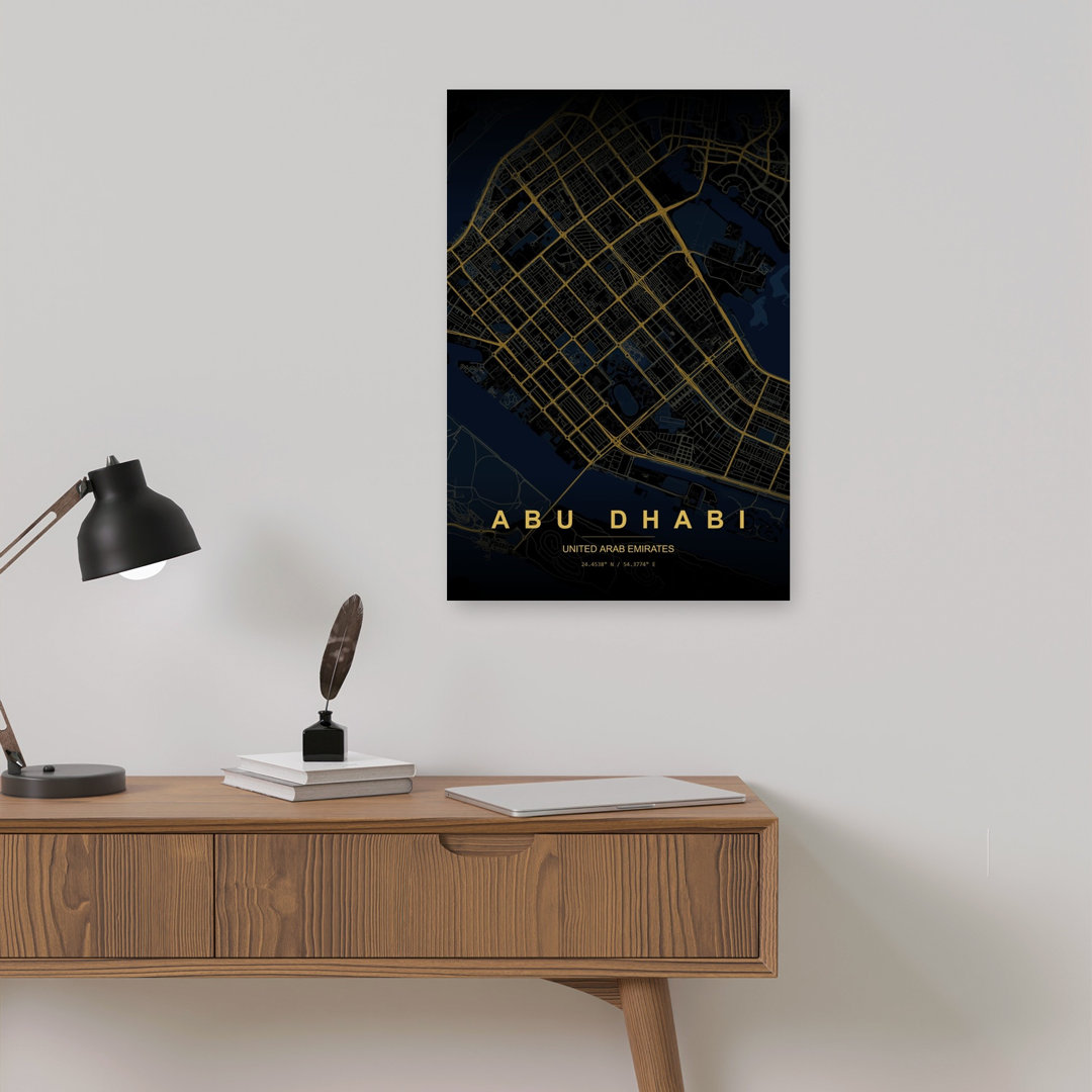 Golden Abu Dhabi Map Abstract Geometric Modern City Wall Art Print