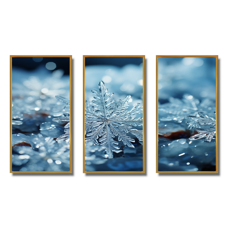 «Sunrise Snowflake Tranquility V - Winter Landscape», art mural, Cadre flottant doré, H 28 po x l 36 po x P 1 po