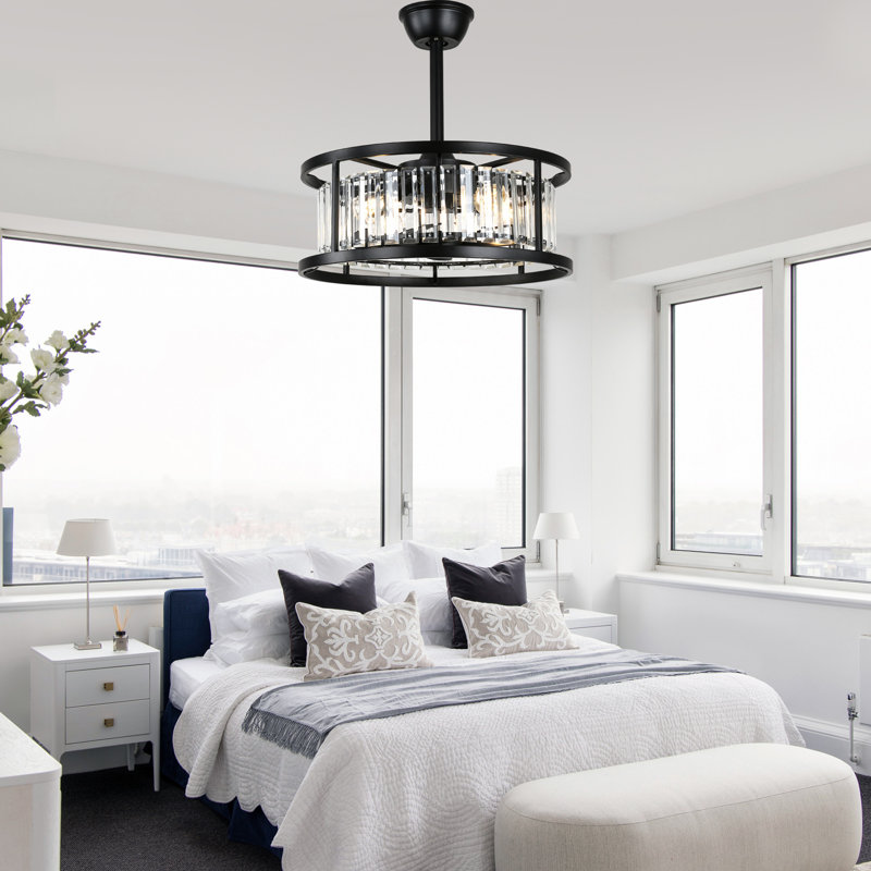 20" Black Modern Crystal Caged Ceiling Fan with Light Kit and Remote Control 6-speed Reversible DC Motor Fandelier for Bedoom