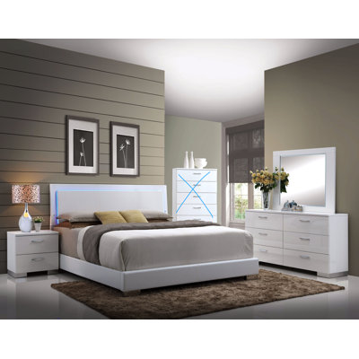 Modern 5-piece White Bedroom Set Includes Bed Frame, Dresser, Mirror And 2 Nightstands by Latitude Run