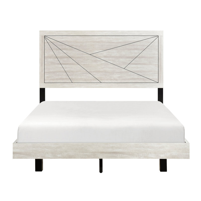 Grand lit contemporain avec une finition en chêne gris poussiéreux et une tête de lit à motif de lignes, Grand lit