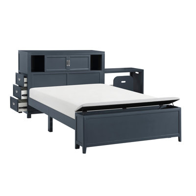 Finition bleu marine lit plateforme double avec bibliothèque et tête de lit avec tiroirs, bureau caché, pied de lit, banc de rangement, mobilier de chambre à coucher, 1 pièce