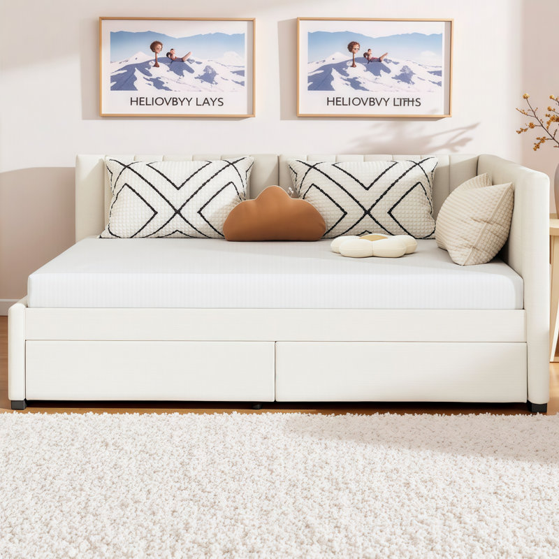 VARELON Durable Upholstered Storage Daybed Twin/Full Size with 2 Drawers - No Box Spring Needed, Full / Double, Beige