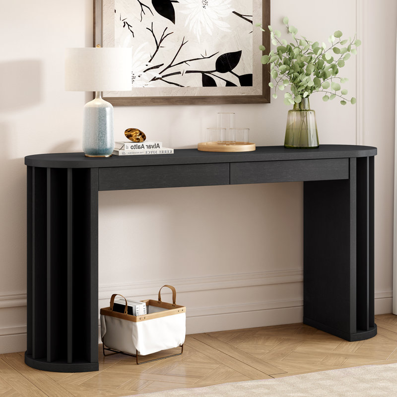 Isaiah Curved Console Table with 2 Drawers & Vertical Slat Legs, Black