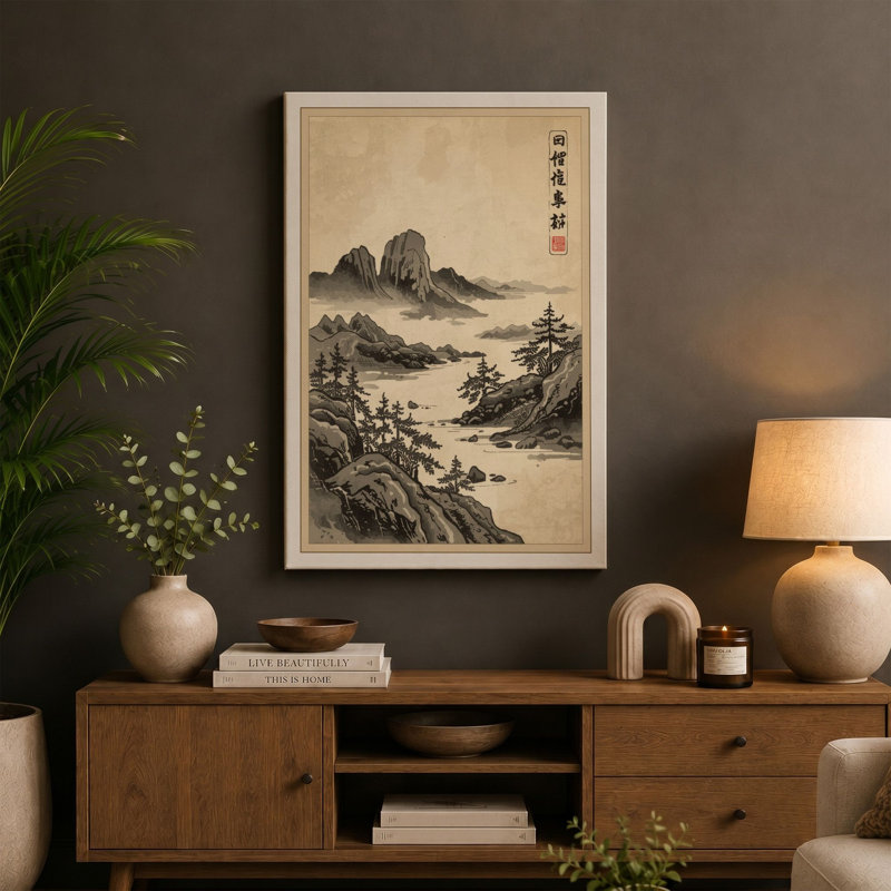 Remote Mountain Wilderness Japandi - Wrapped Canvas, 36x24 - 91.4 x 61.0 cm, Sage Border