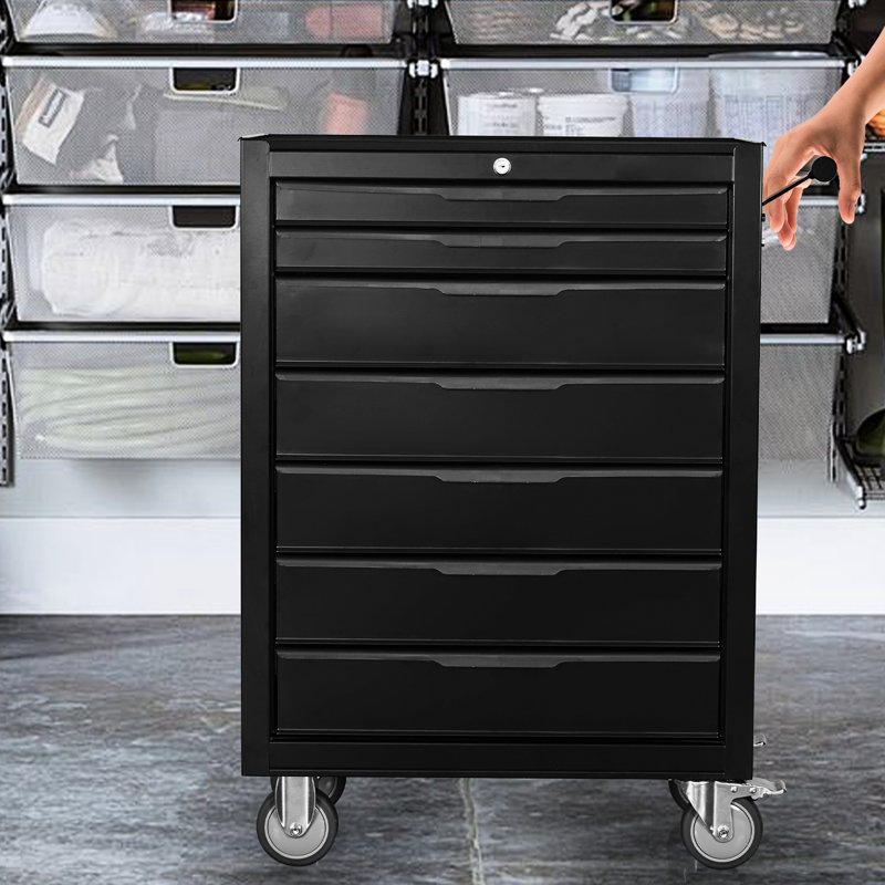 Metal 7 Rolling Organizer Chest Box - For Work Shop, Garage Black Tool Cart With Wheels Heavy Duty Cabinet Garage, Shop