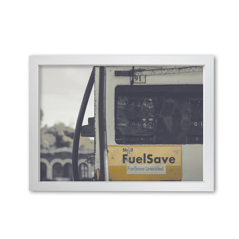 Yellow Fuel Save Gas Pump - Print, White Grain Frame, 30 cm H x 21 cm W x 5 cm D