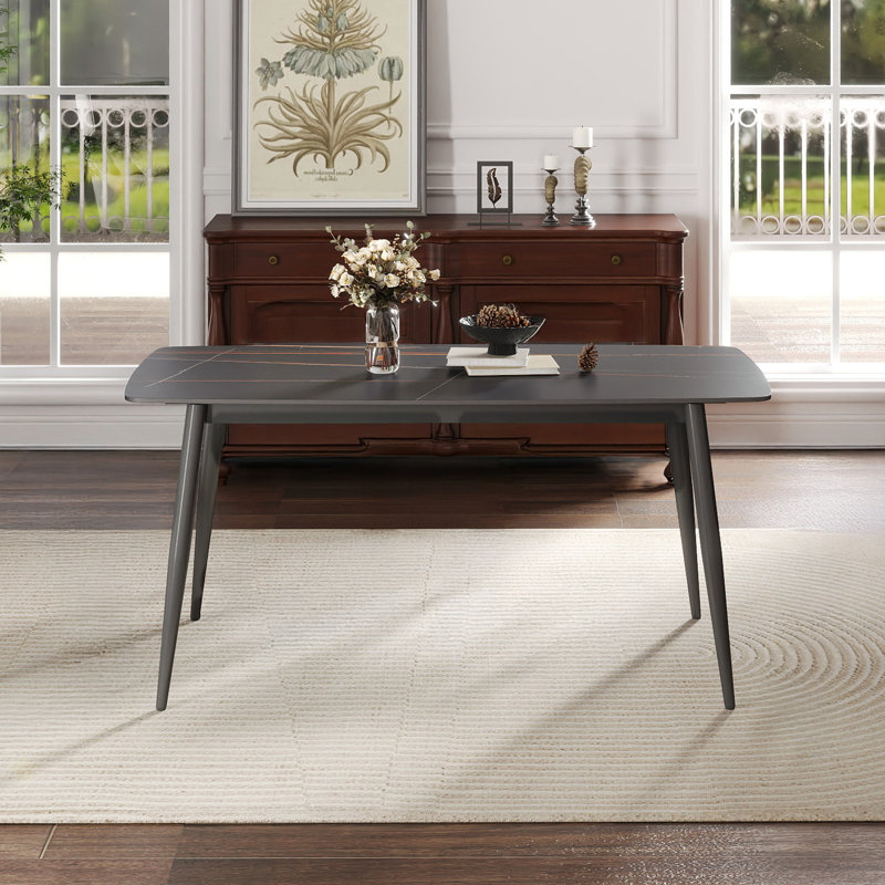 62.99" Modern Artificial Stone Black Curved Edge Dark Grey Metal Leg Dining Table-Can Accommodate 6 People(Dining Table Only)