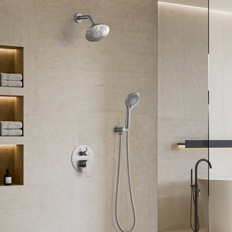Ensemble de douche complet moderne en nickel brossé 6 ", ensemble de douche 5 fonctions en laiton massif avec valve brute