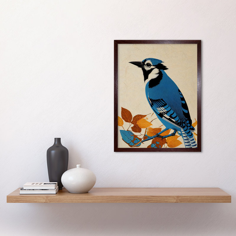 Blue Jay Textured Autumn Bird - Print, Brown Framed Paper, 43cm H x 33cm W