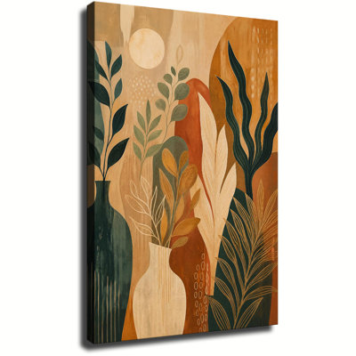 Vertical Boho Abstract Plant Vase Sun Terracotta Teal Line Art Canvas Wall Art Mid Century Modern Decor