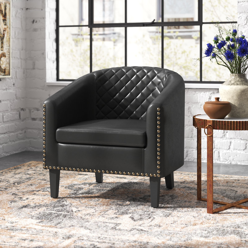 Boney 29" W Stain Resistant Faux Leather Tufted Barrel Chair, Black Performance Faux Leather