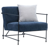 Sevilla Denim Linen Upholstered Chair Black Iron Frame and Sky Blue Throw Pillow