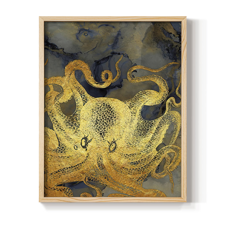 Octopus Ink Gold & Blue II Framed Print - Solid Wood, 21" H x 17" W
