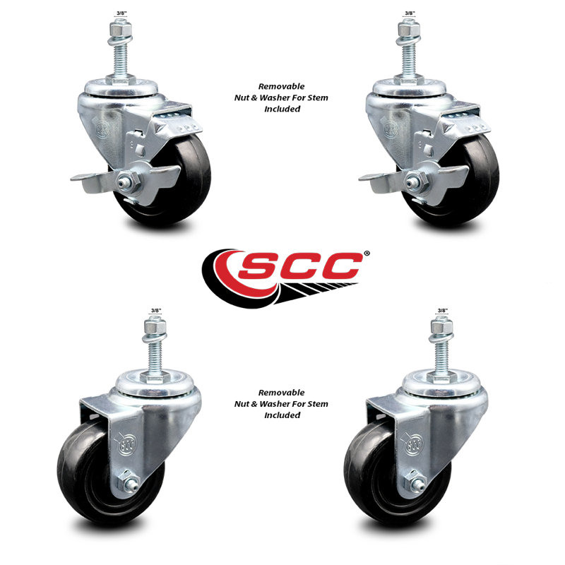 Ensemble de roulettes à tige filetée de 3,5 pouces avec roues pivotantes de 3/8 po 2 freins SCC