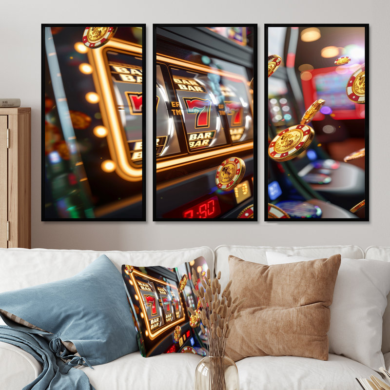 Machine à sous Jackpot Winner III - casino et jeux, ensemble de salon d'art mural, Toile avec cadre flottant noir