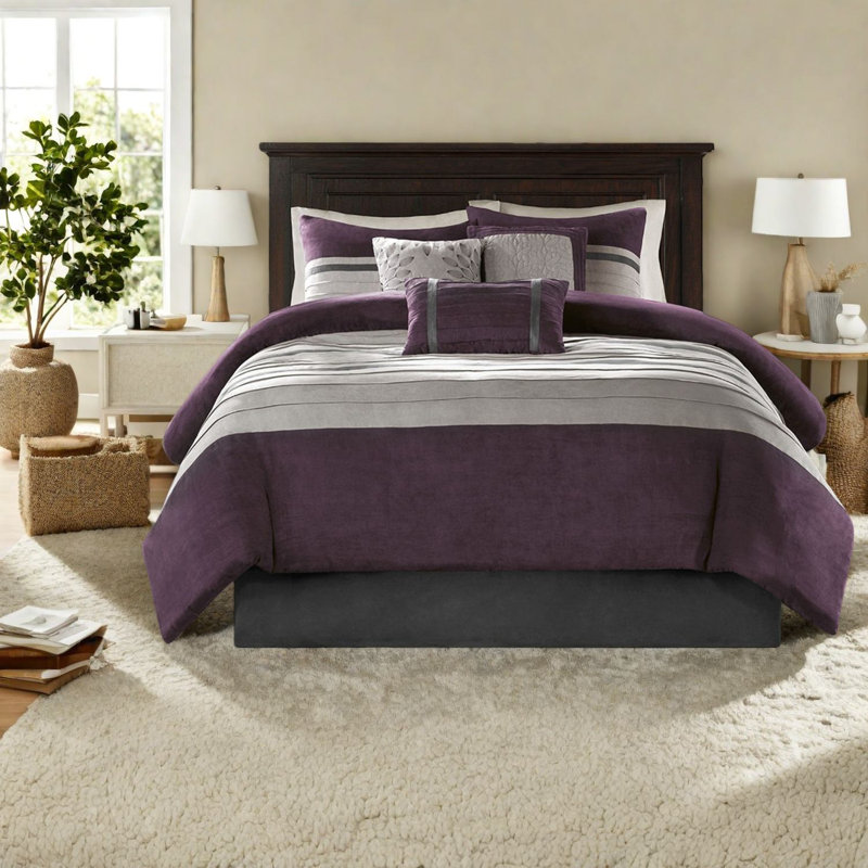 Ensemble de literie luxueux en faux suède mauve 7 pièces, confort moderne pour les très grands lits