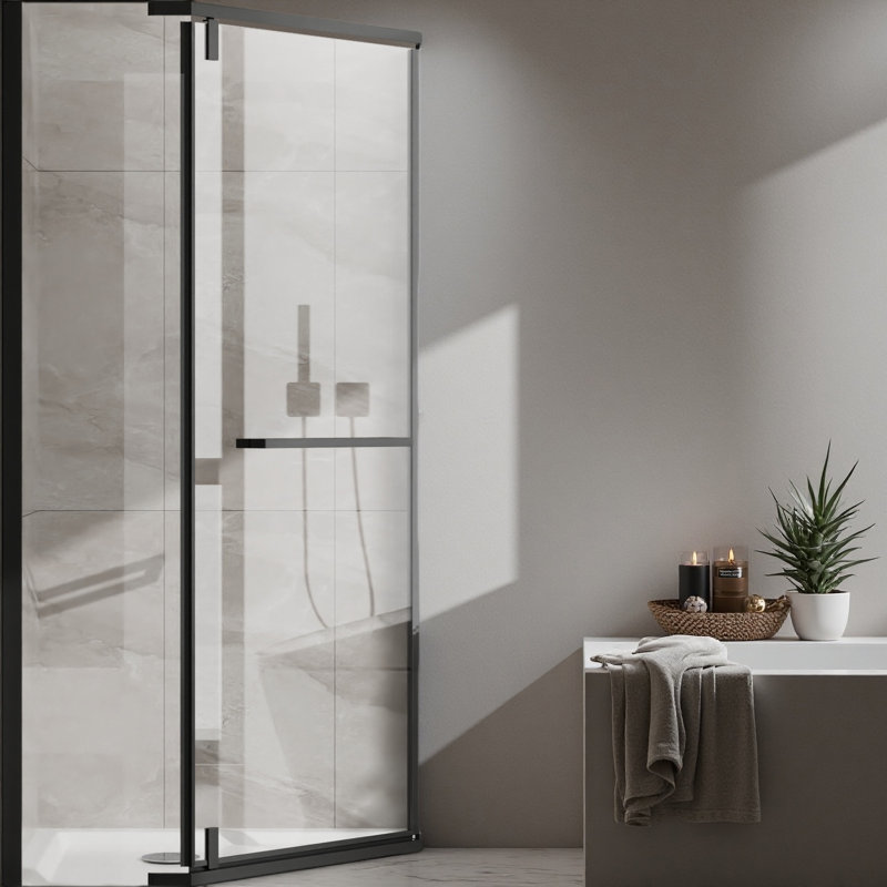Frameless Shower Door Corner Shower Enclosure With Clear Sgcc Tempered Glass Pivot Shower Door, Black
