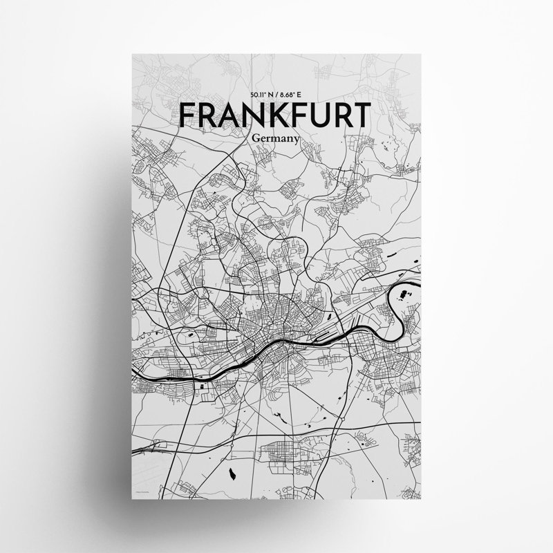Carte de Francfort, impression graphique contrastée, H 17 po x l 11 po, Noir / blanc