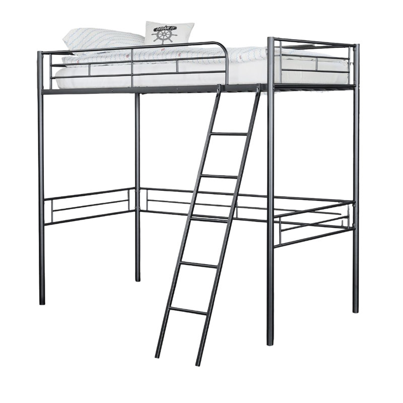 Lit mezzanine simple avec design contemporain, tube en métal noir, encastré, pour la décoration d'une petite chambre à coucher avec structure et environnements compacts appropriés
