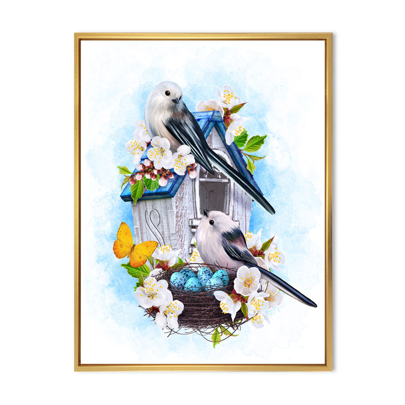 Deux oiseaux à mésange assis près du nid avec œufs II - impression sur toile, H 32 po x l 16 po x P 1 po