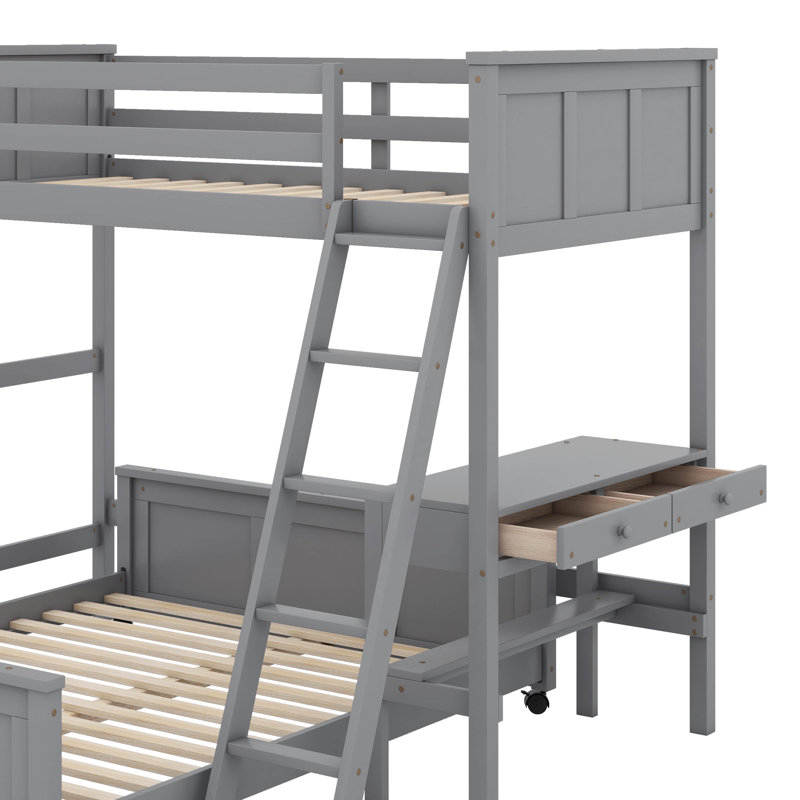 Lit simple superposé au dessus d'un lit double avec bureau, Gris