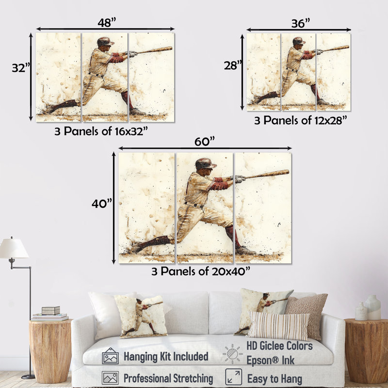 Joueur de baseball blanc rouge frappant un Homerun - ensemble d'art mural de baseball sport, Toile tendue