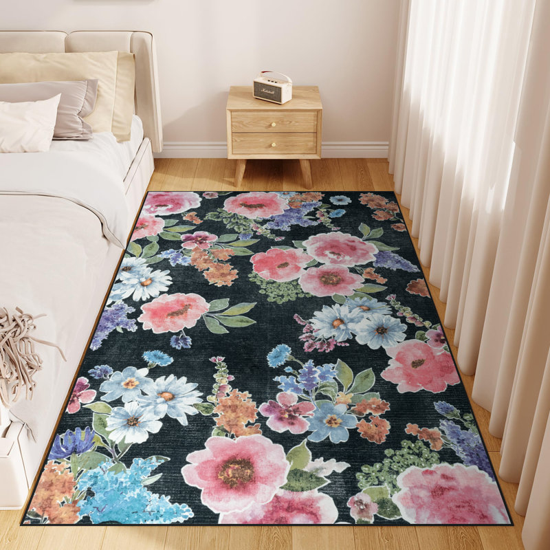 Large Flower Living Room Rug Washable Bedroom Rug Non-Slip Colorful Vintage Accent Floor Carpet For Home Decor