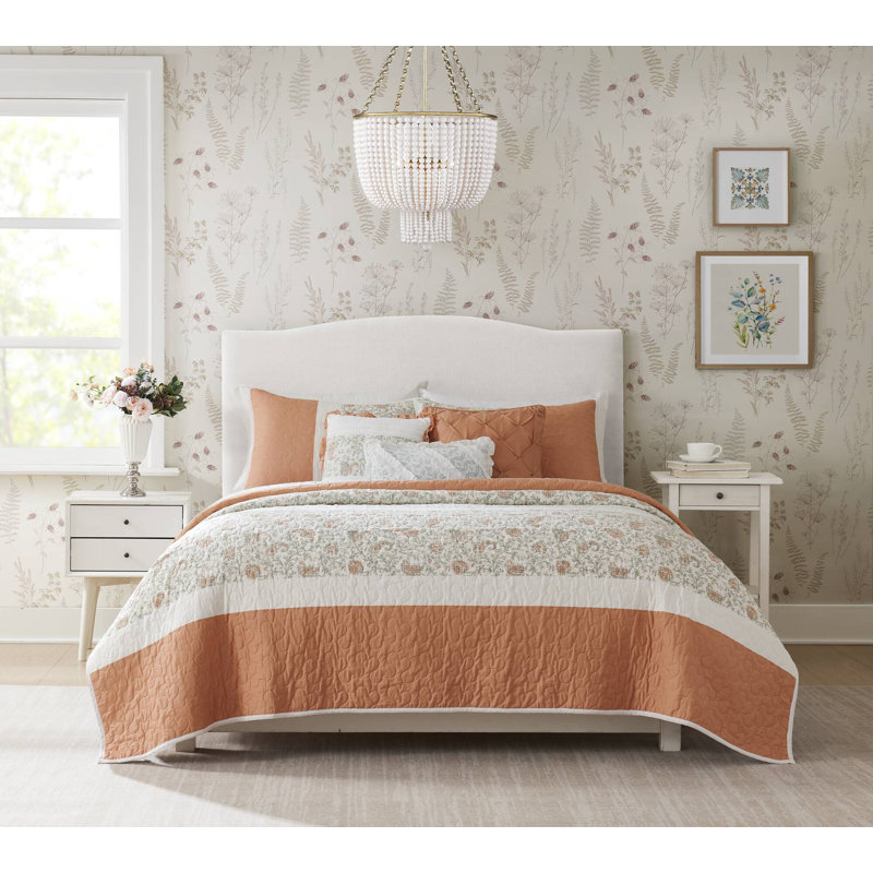 Dawn 6 Piece Cotton Percale Quilt Set with Throw Pillows, Full/QueenCoverlet+2Standard Sham + 3 Throw Pillow, Coral