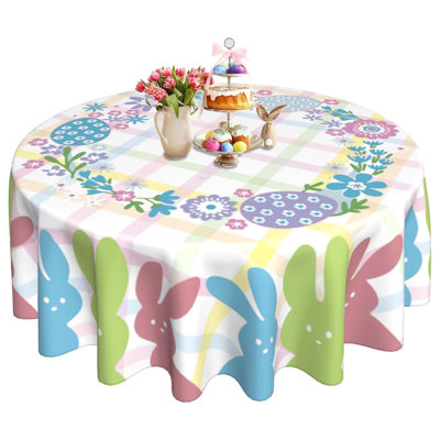 Easter Round Tablecloth 60" With Eggs, Rabbits, And Buffalo Plaid, Dustproof And Wrinkle Resistant