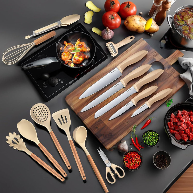 17 PCS Silicone Cooking Utensil Set, Kitchen Utensils Set and Knife Set, Khiki