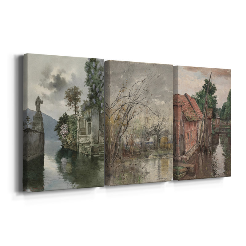 Paysage rétro CXV III - Toile tendue avec châssis sur mesure - 3 pièces, H 36 po x l 72 po