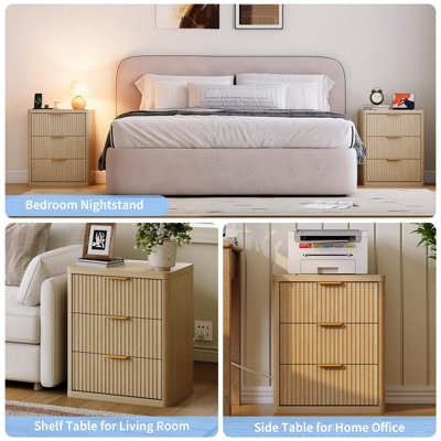 Modern Fluted Nightstand Bedside Table with Charging Station,Drawers and Open Storage Space for Bedroom