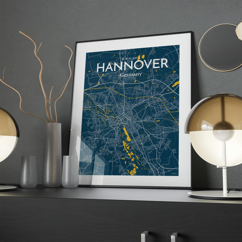 «Hannover City Map», impression, H 24 po x l 18 po, Bleu / Jaune