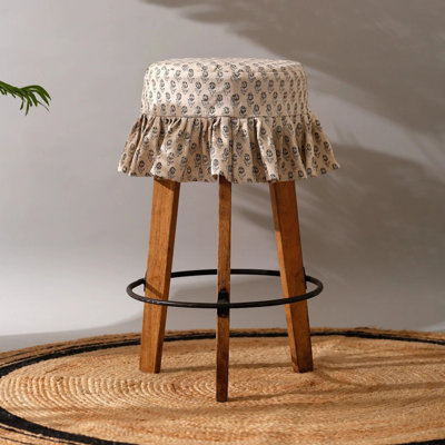 Farmhouse Style Barstool Slipcover With Fringe | Bar Stool Slipcover In Floral Print | Handmade Linen Chair Slipcover | Kitchen Stool Cover